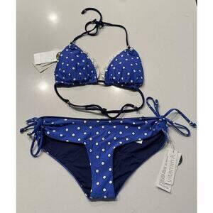 Vitamin A Rio Reversible Bikini Top Bottom Blue Polka Dot 2 Piece Set Retro NEW